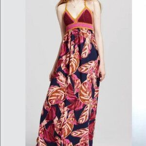 EUC Mossimo Tropical Hawaiian Crochet Maxi Halter Dress